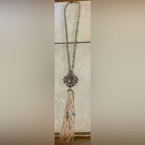 Necklace EUC 32” Glass Beads of Amber & Teal Animal Print Pendant w/Tassel